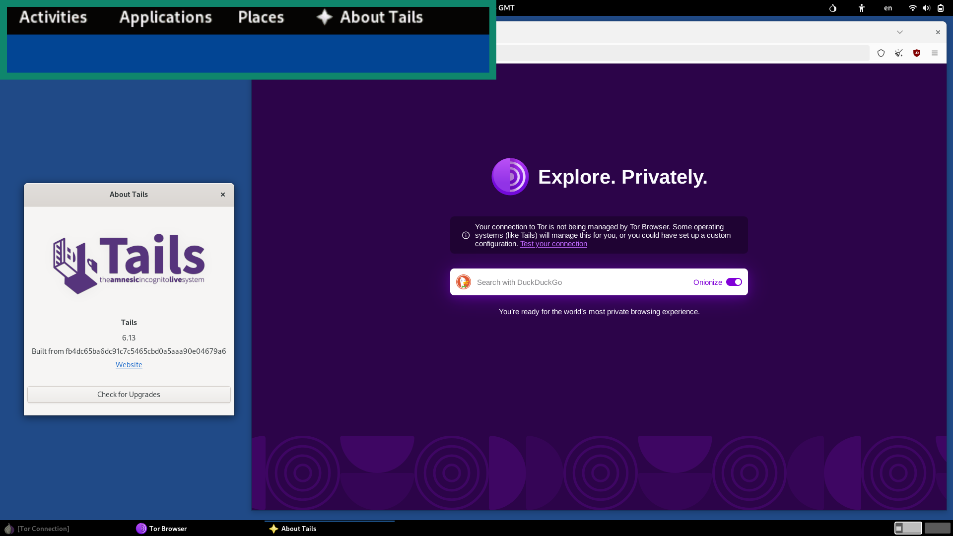 Tails interface, with visible taskbar and a background wallpaper with Tor Browser overlay