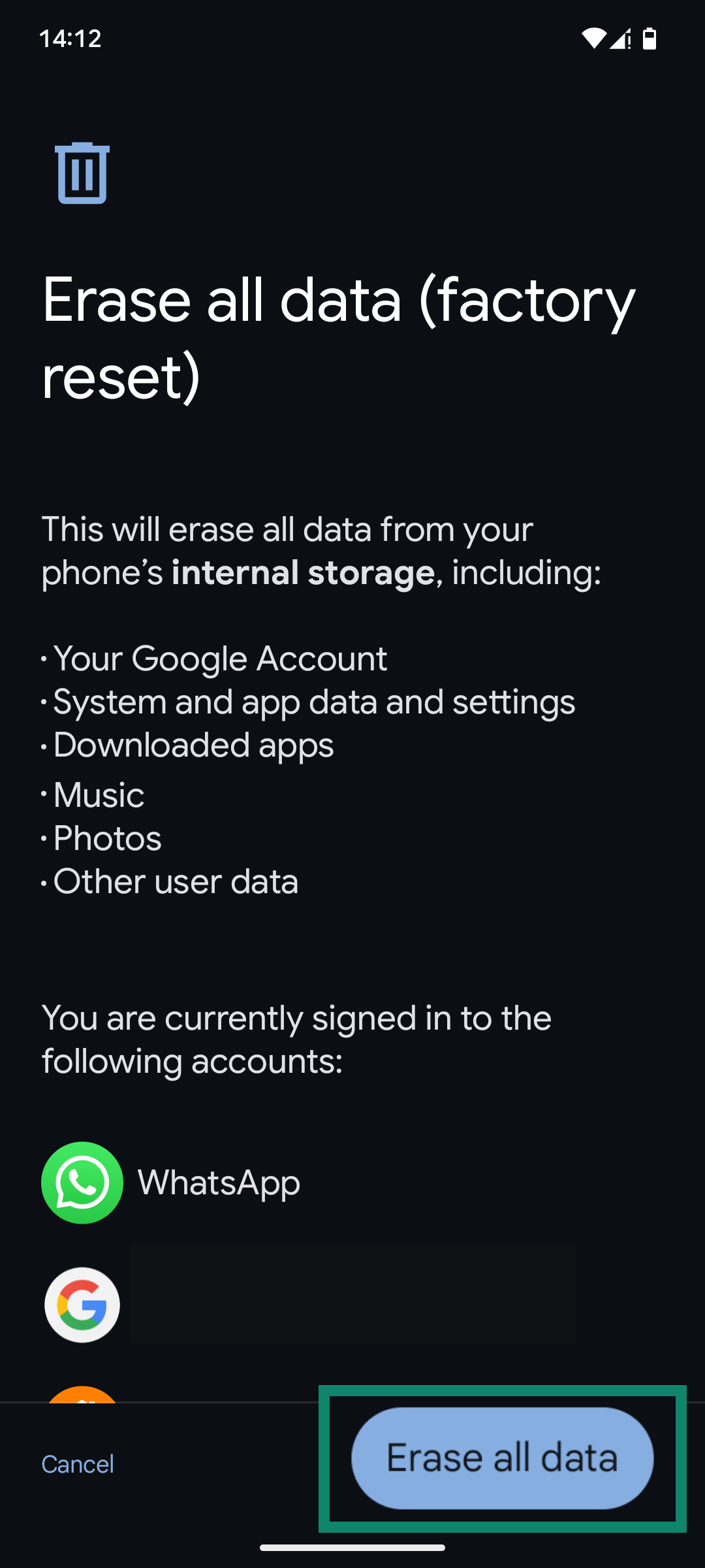 The Erase all data (factory reset) page of an Android phone, with the "Erase all data" button highlighted.