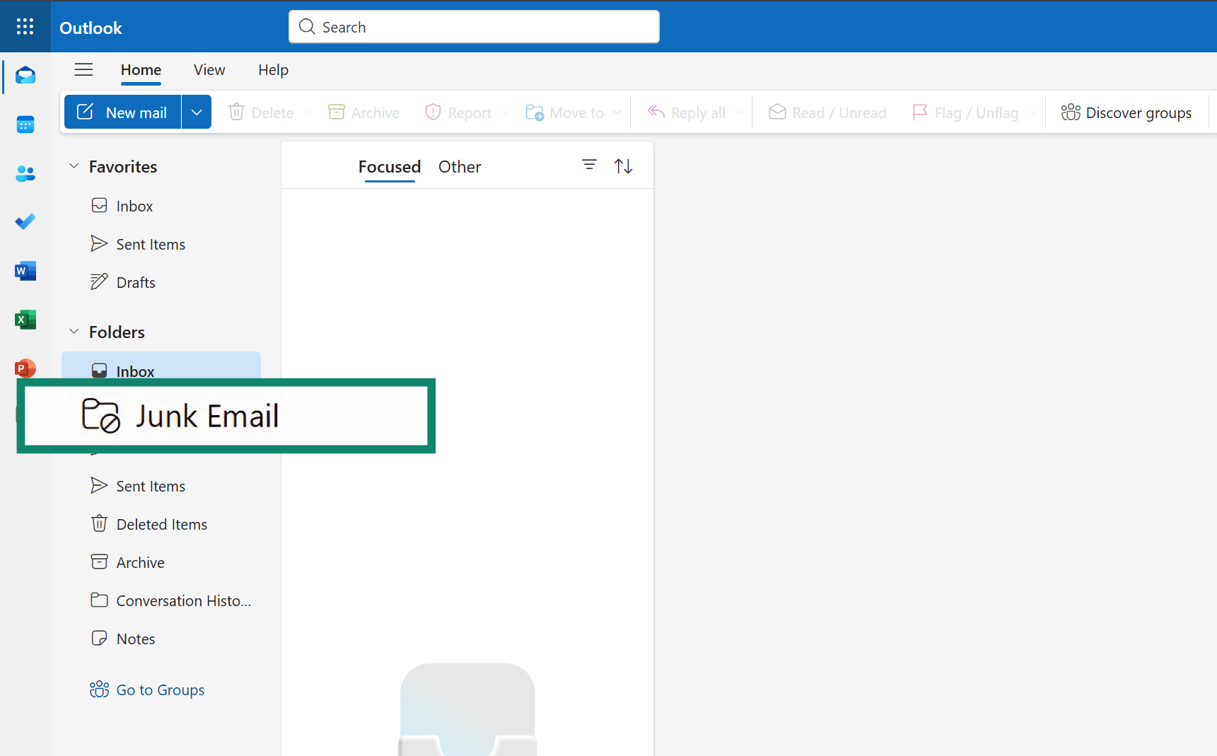 The junk email folder of an Outlook account.