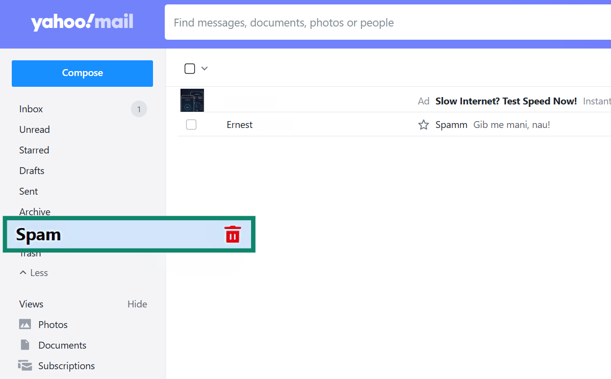Yahoo Mail spam folder, showing how to delete all spam messages.