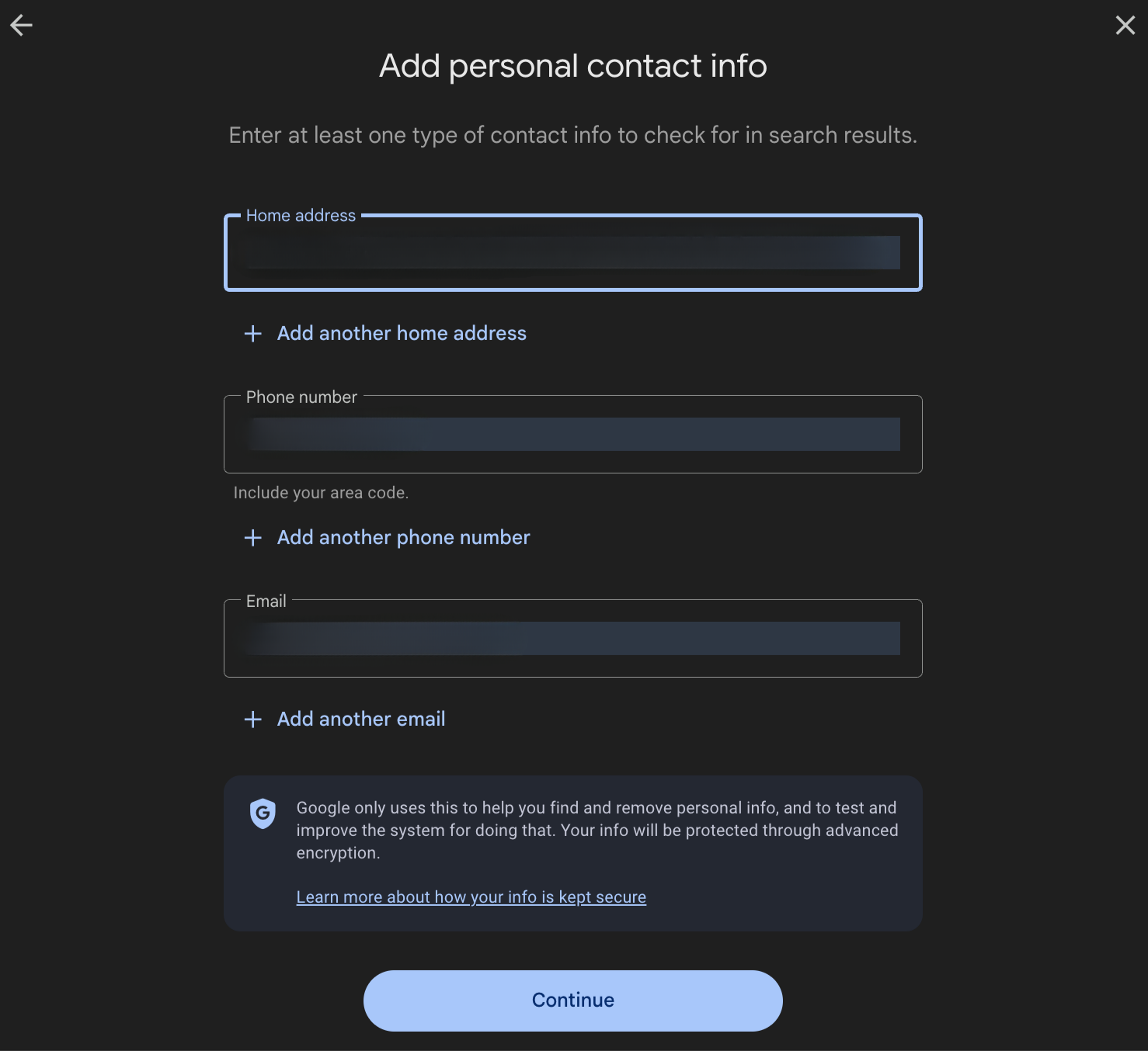 Google's data removal page showing other personal information types that can be checked for removal.