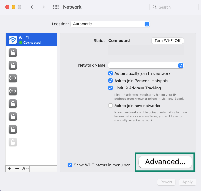 The Network menu of an Apple Mac, showing the list of networks and the Advanced button.