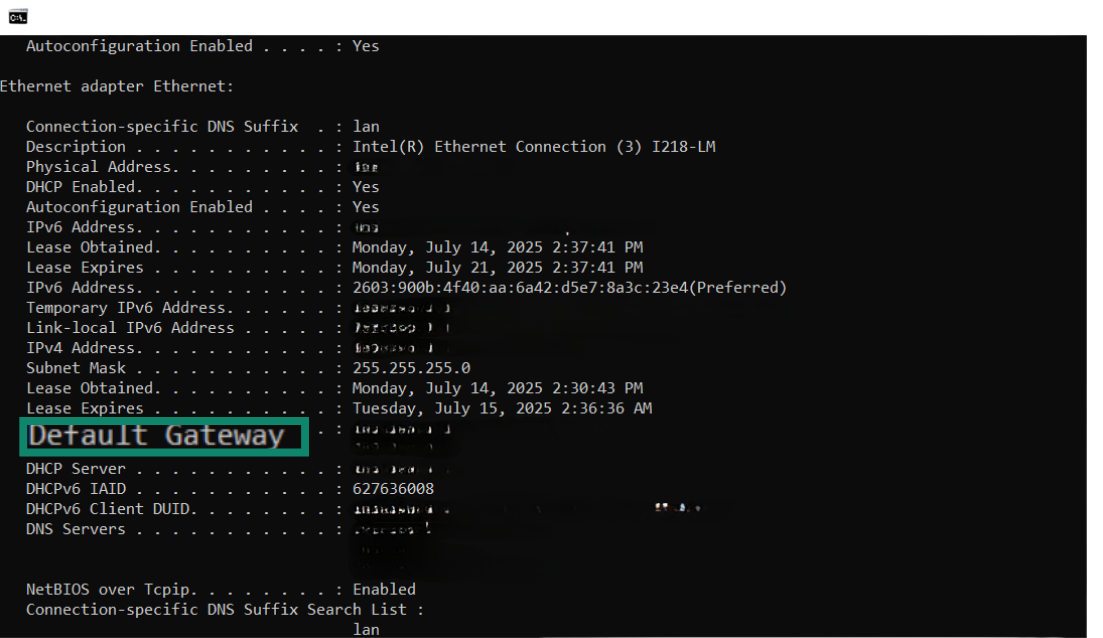 Windows Command Prompt showing network configuration details