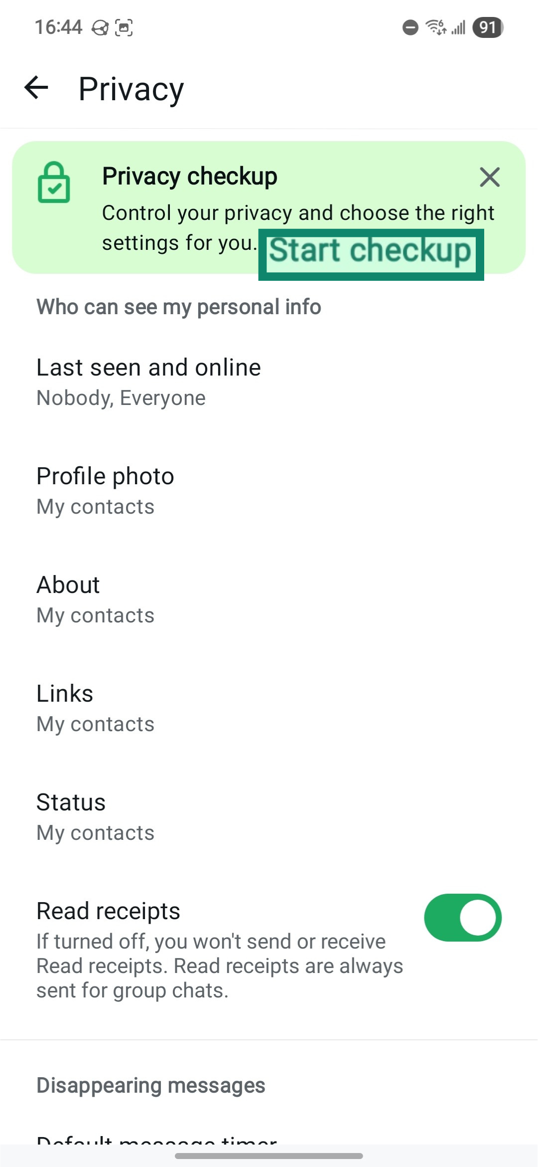 WhatsApp's Privacy checkup menu item.