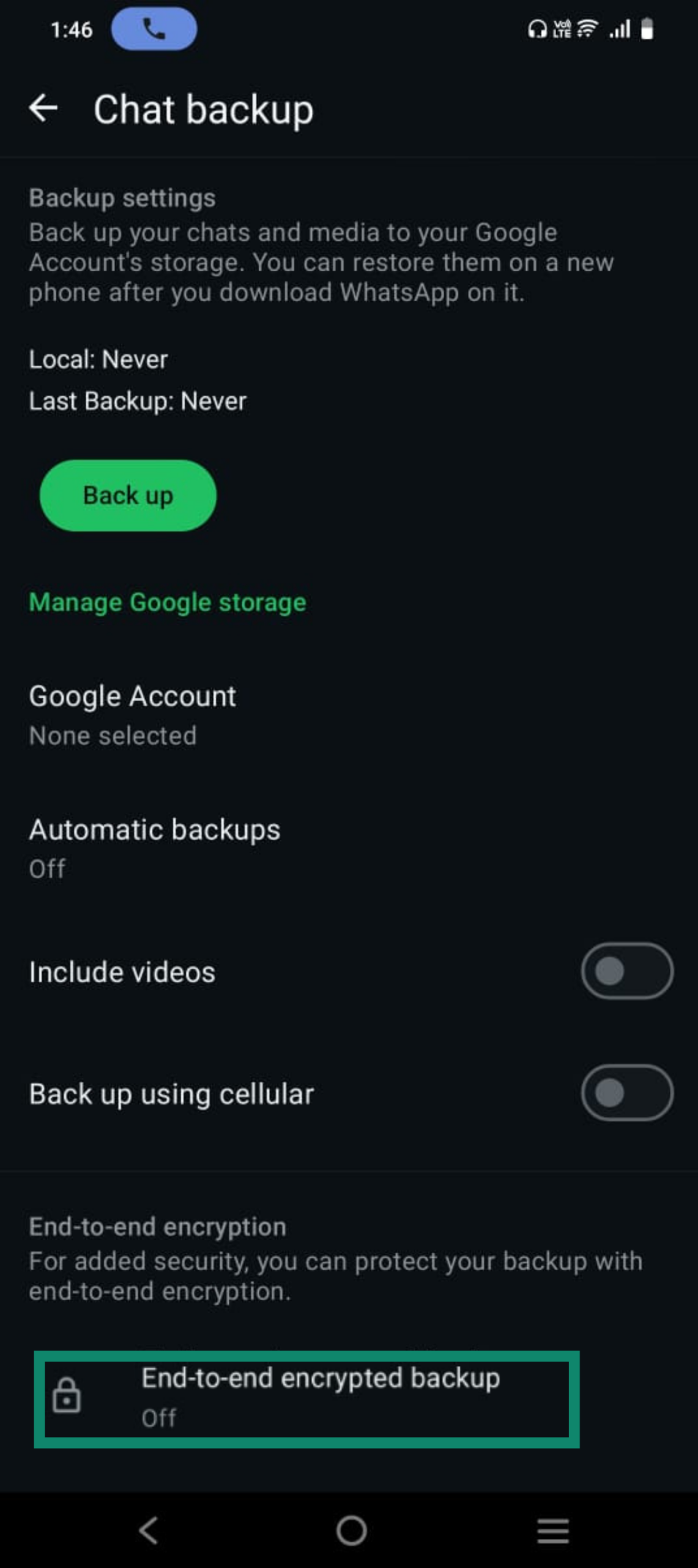 Confirmation that end-to-end encrypted backups are disabled