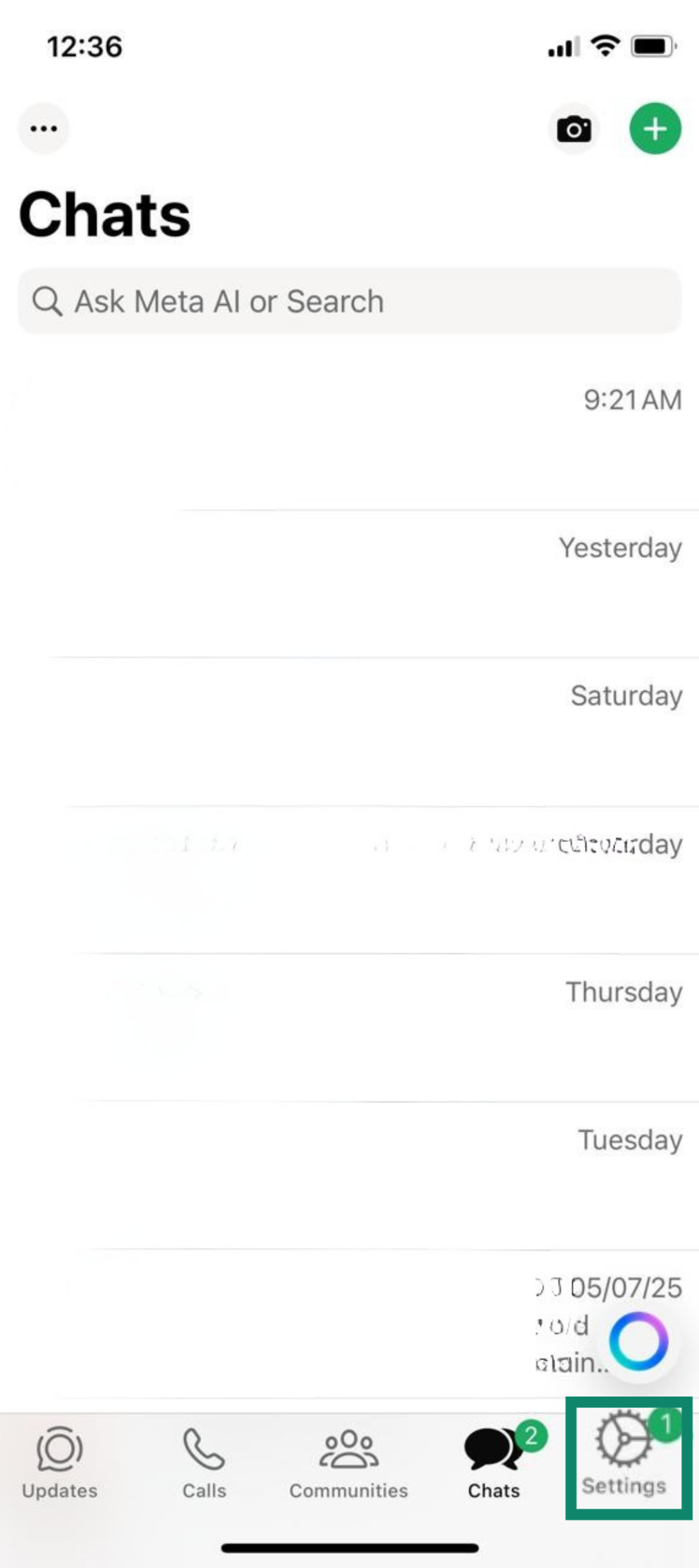 WhatsApp home screen on iPhone with Settings icon highlighted in bottom-right corner