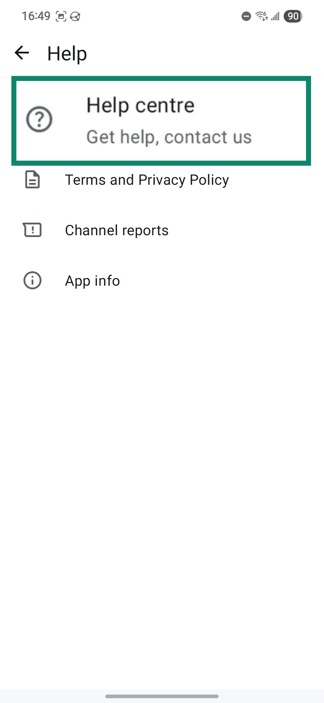 WhatsApp Help center option in Help settings.