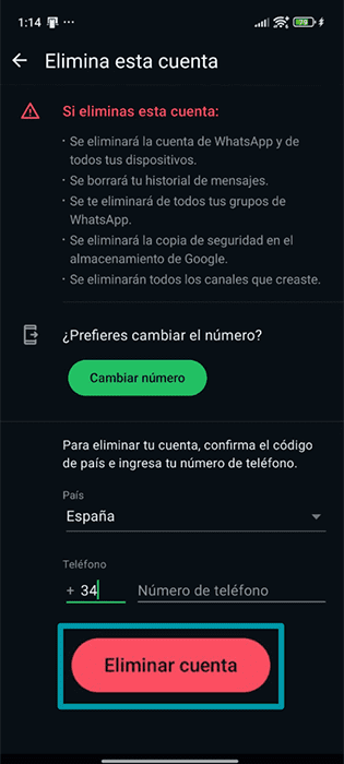 The Delete account page of the WhatsApp settings.