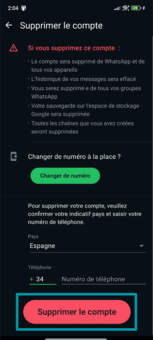 The Delete account page of the WhatsApp settings.
