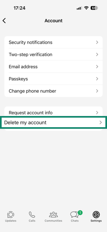 The iPhone WhatsApp app, showing the Delete my account button.