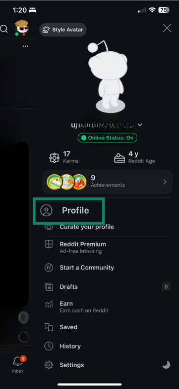 Reddit mobile page with profile button highlighted.