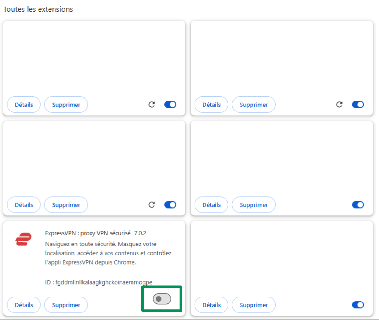 A screenshot of the Chrome Extensions page, showing the option to disable the ExpressVPN client.