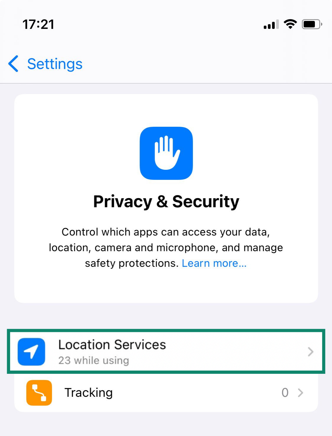 The Privacy & Security page of the iPhone Settings, with the Location Services button highlighted.