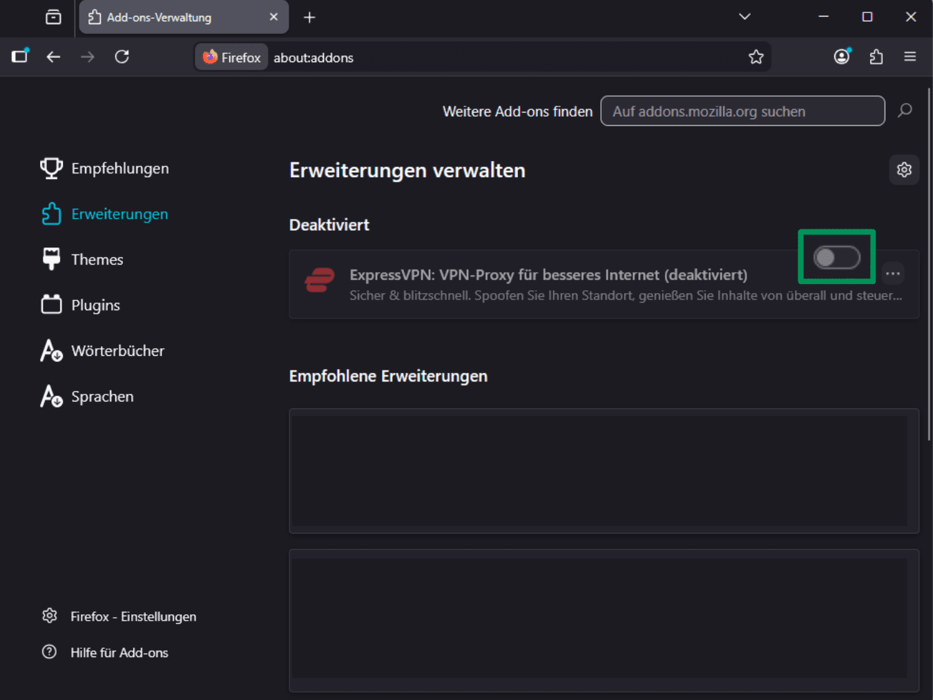 A screenshot of the Firefox extensions page, showing the option to disable the ExpressVPN extension.