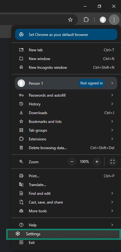 Chrome browser menu with Settings button highlighted.