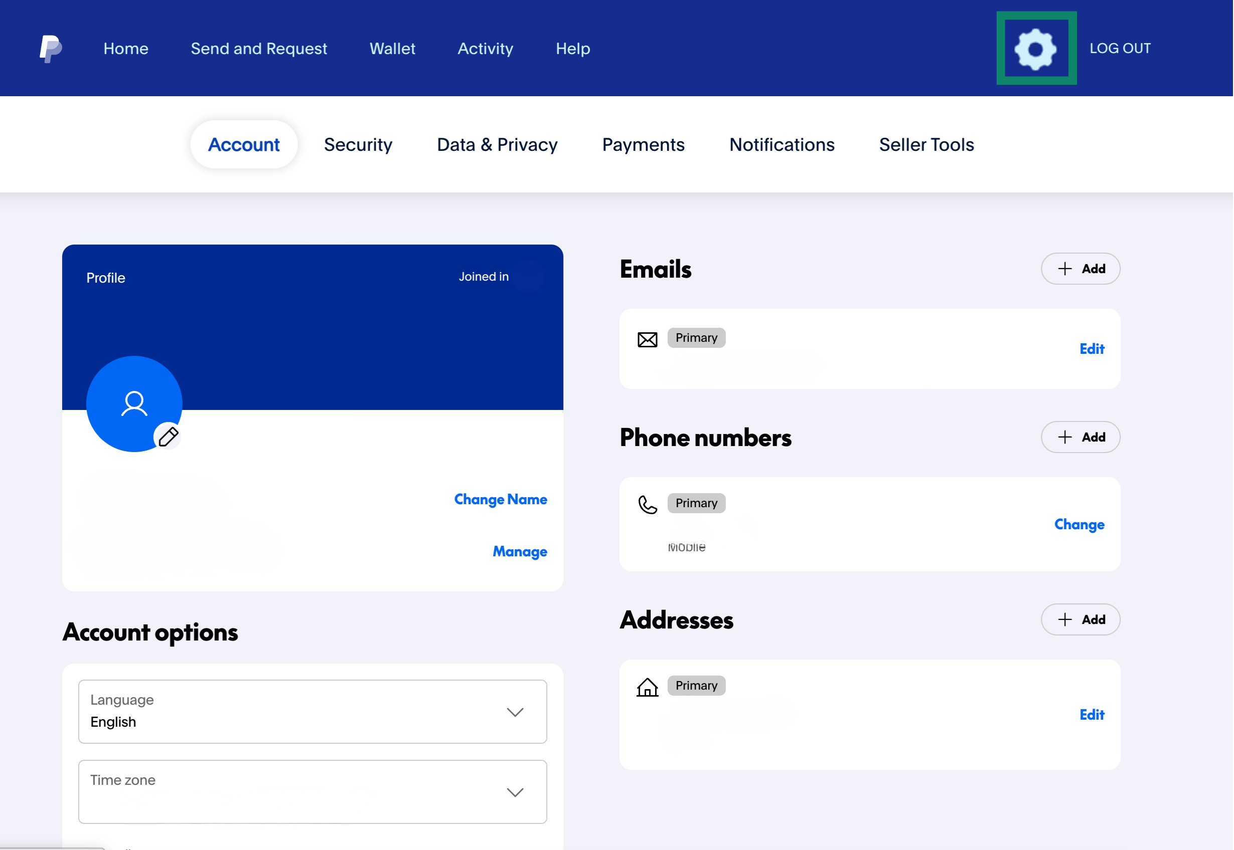 PayPal account settings page on desktop, with the gear icon for Settings highlighted in the top right corner.