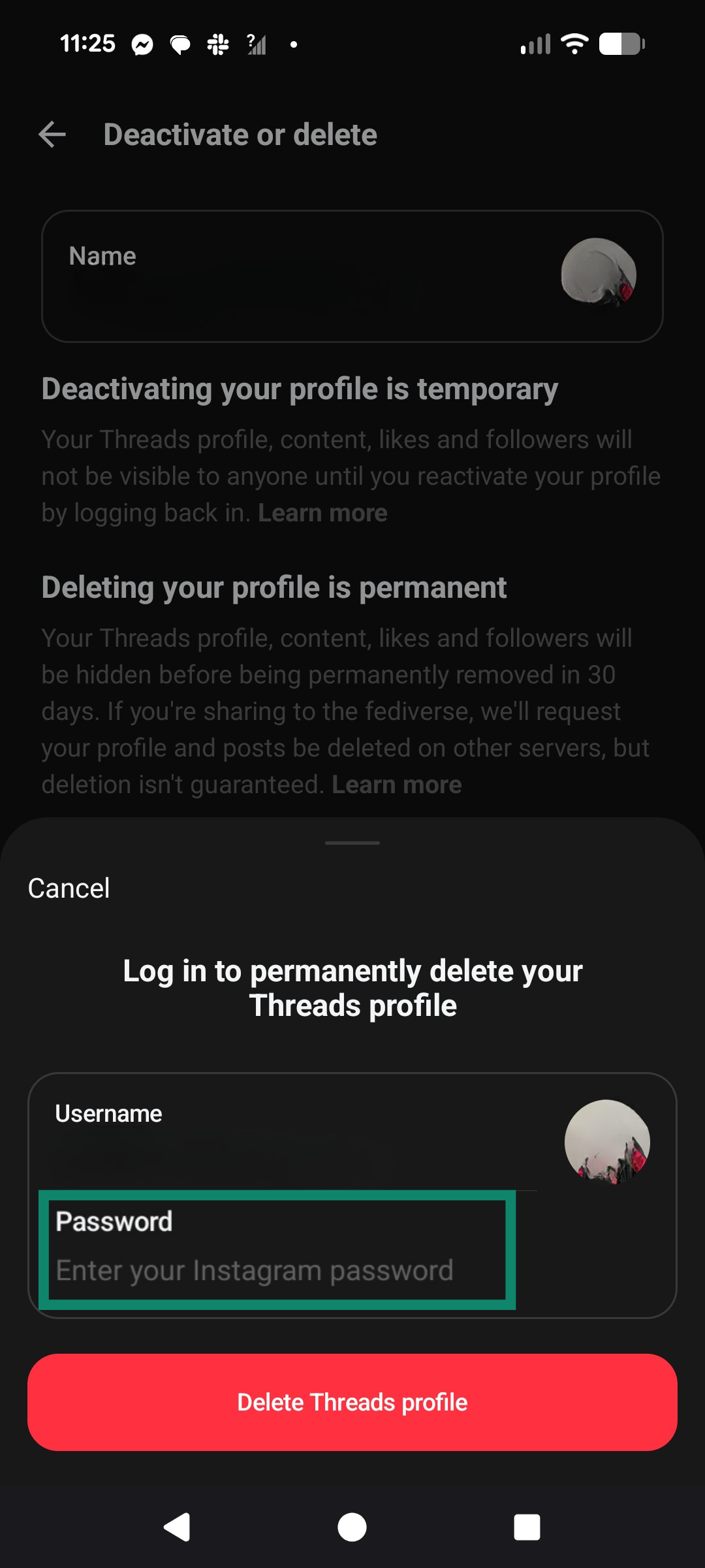 Entering your password to verify Threads account deletion request.
