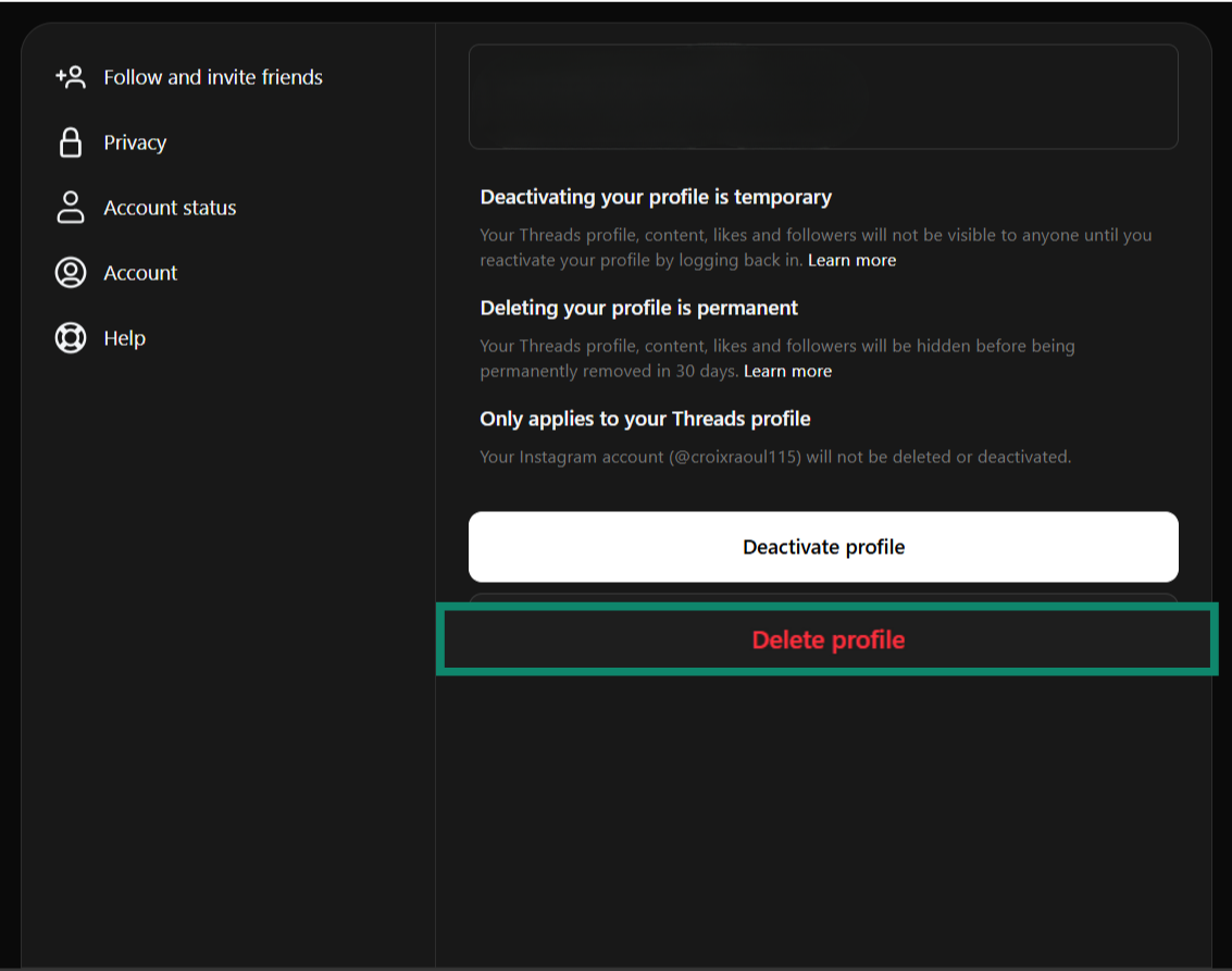 Delete profile option in Threads on desktop.