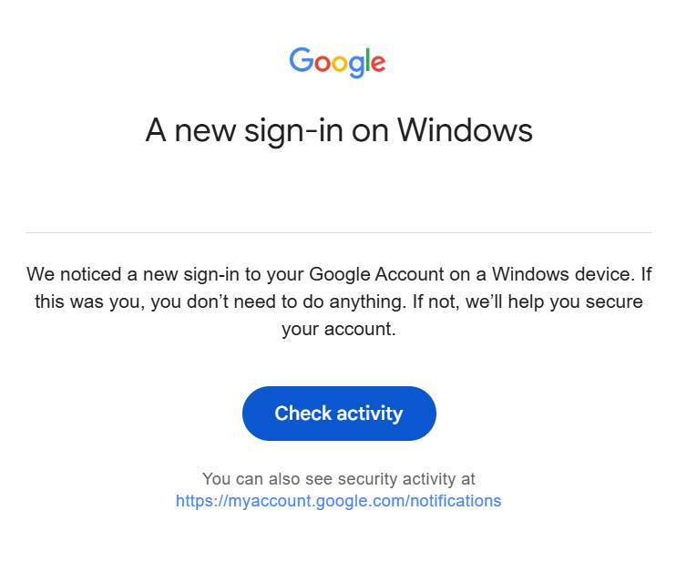 A Google security alert for a new sign-in on a Windows device.