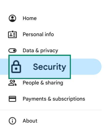 The Gmail settings menu. The "Security" option is highlighted and enlarged.