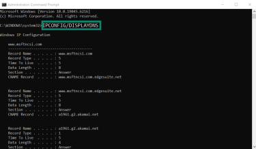 Windows Command Prompt showing ipconfig/displaydns command