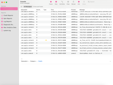 Mac Console app showing network and mDNS logs.