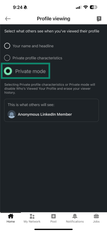 LinkedIn profile viewing settings with Private mode enabled on mobile.