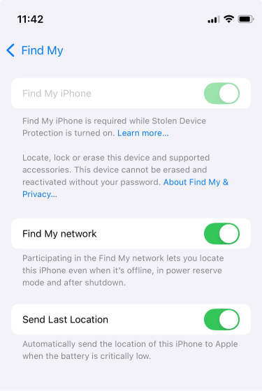 The Find My settings on an iPhone.