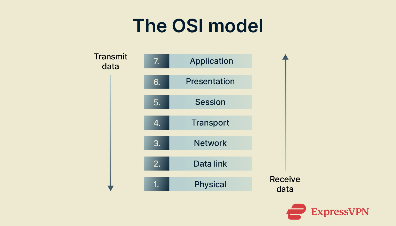 A visual depiction of the OSI model, showing the seven layers of internet and how data moves from top layer to bottom when it's being transmitted and bottom to top layer when it's being received.