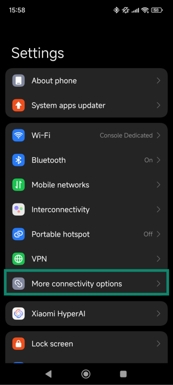 Android settings menu with "More connectivity options" highlighted.