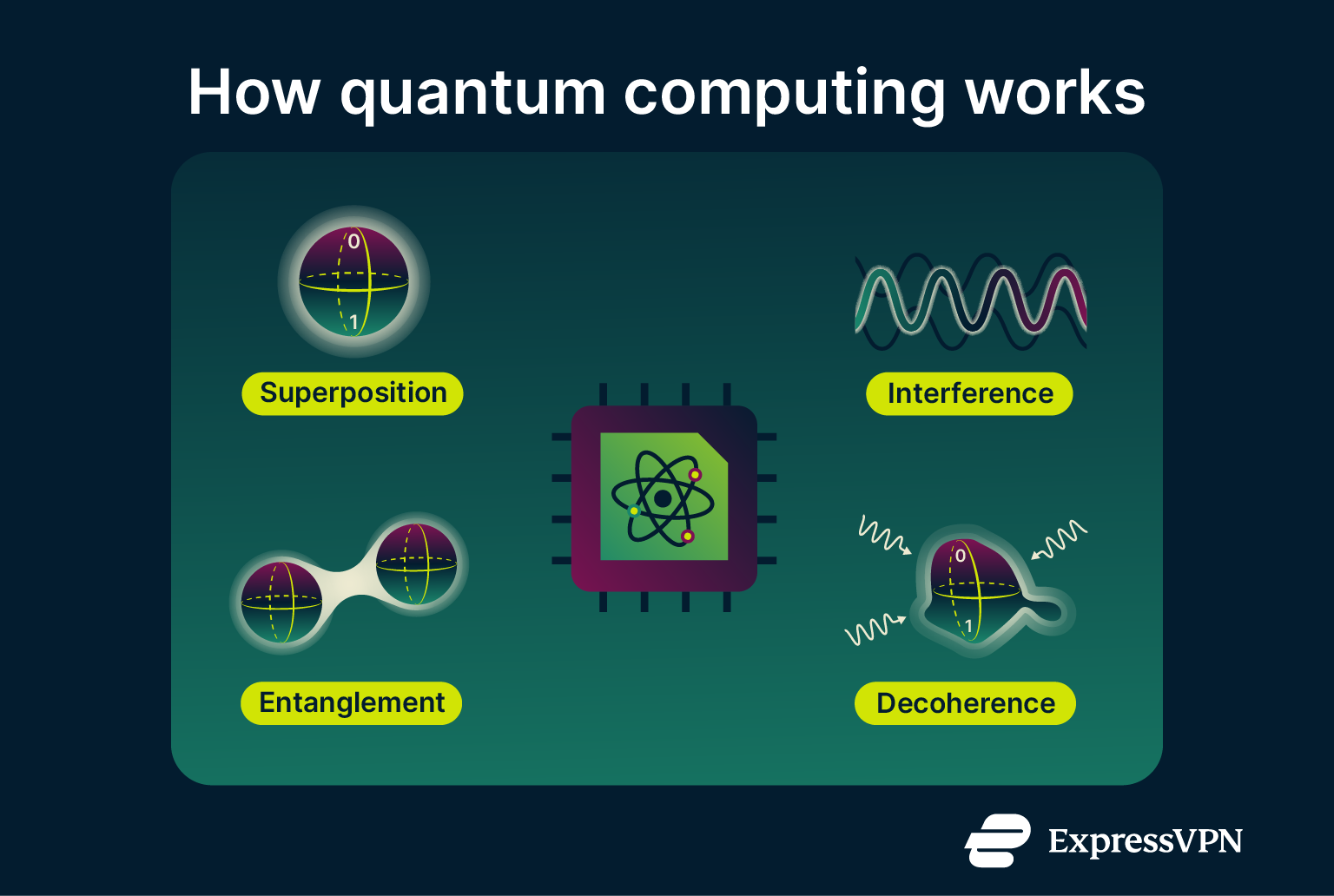 How quantum computers use superposition, entanglement, interference, and decoherence to process information differently from classical computers.