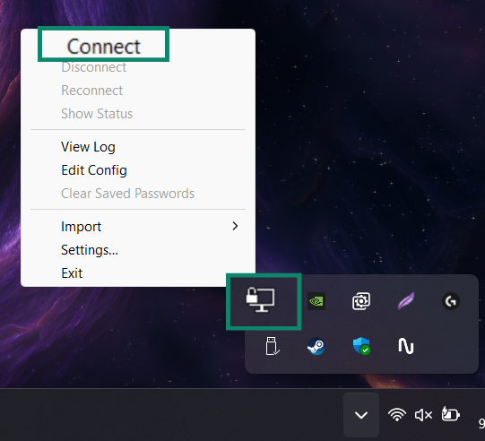 Connecting using the OpenVPN GUI client.