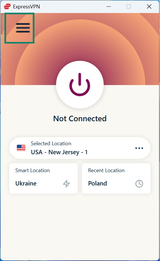 A hamburger menu on the ExpressVPN app for Windows.
