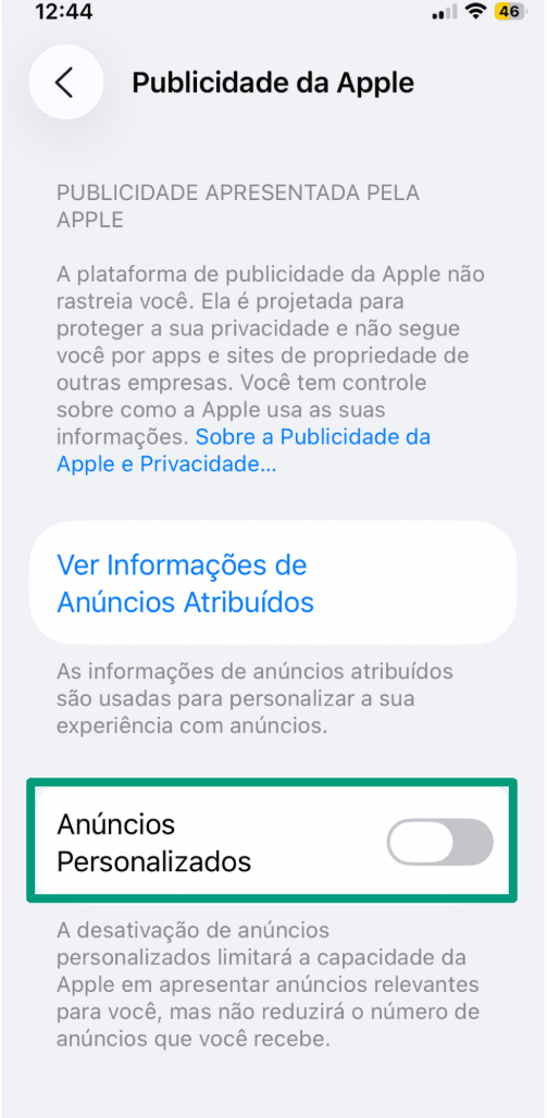 Screenshot of the iPhone Apple Advertising menu showing the “Personalized Ads” toggle switched off.