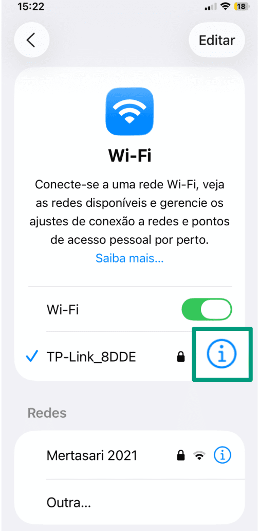 iOS Wi-Fi menu with the information icon next to the active network highlighted