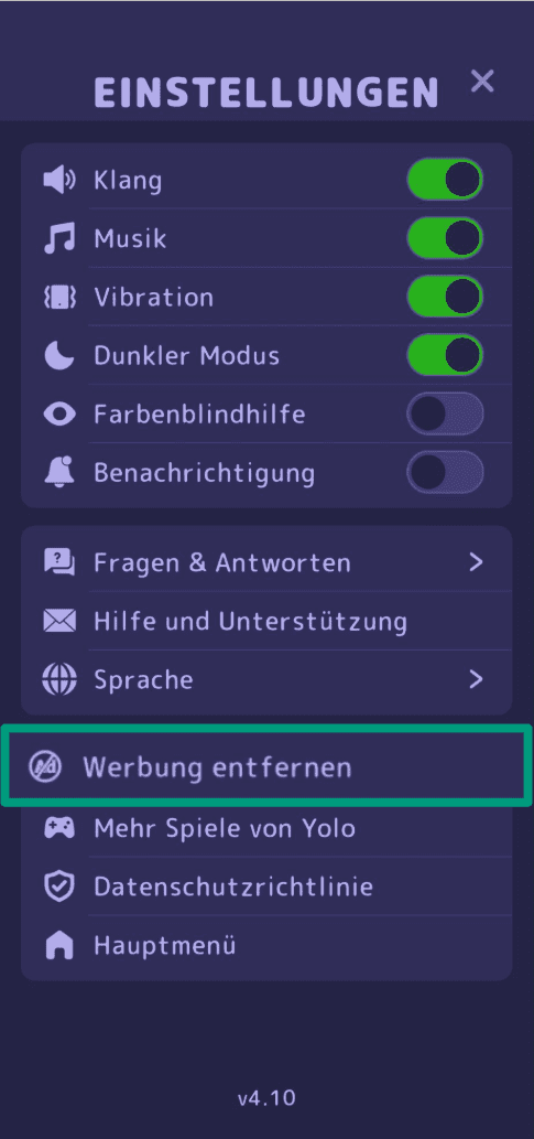 A screenshot of an in-game settings menu on an Android mobile game, showing an option to remove ads.