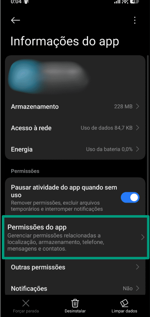A screenshot of the App info menu for an Android mobile game, showing the option to adjust permissions.
