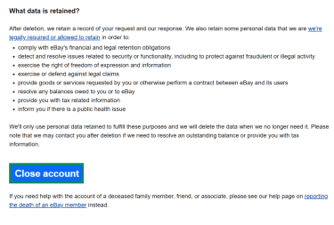 A section of eBay's account closure support article. The "Close account" button is enlarged and highlighted.