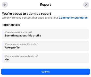 Facebook's confirmation report window, showing report retails, with a highlighted "Submit" button at the bottom.