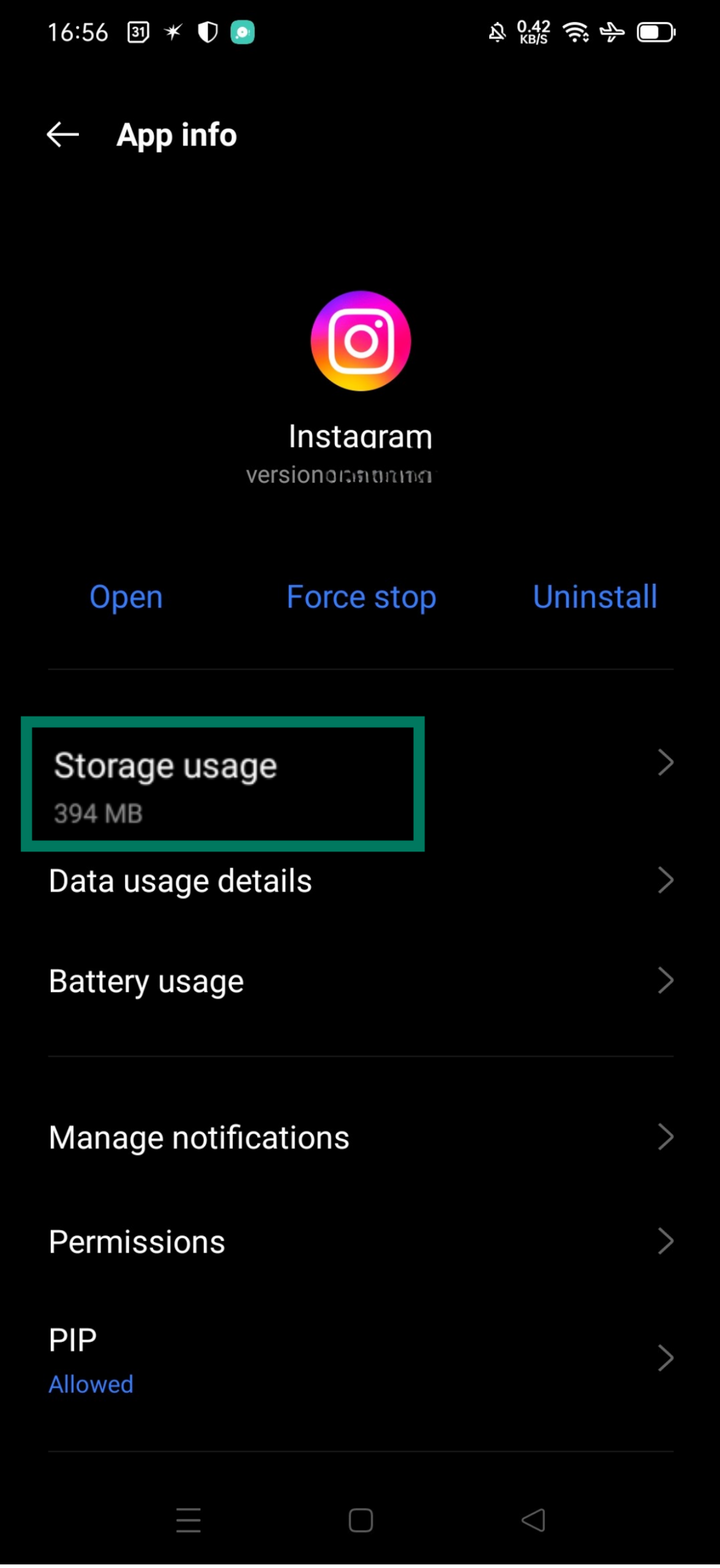 Instagram App info screen highlighting Storage usage option on Android.