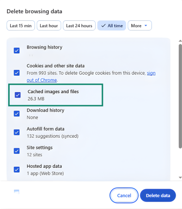Chrome Delete browsing data menu with Cached images and files selected.