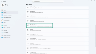 Windows System settings highlighting the Troubleshoot option.