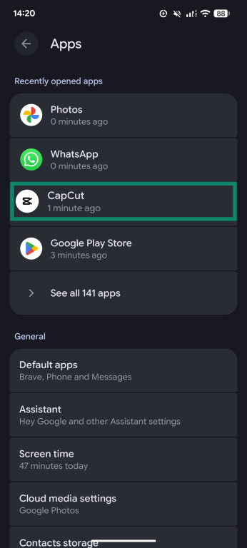 A screenshot of the Apps page of the Android Settings app.