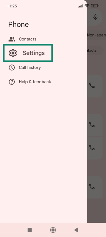 Android Phone app menu with the Settings option highlighted for selection.