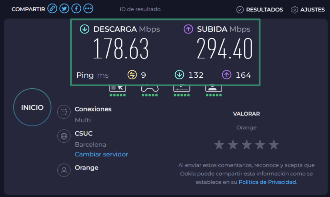 Speedtest.net internet speed results page.