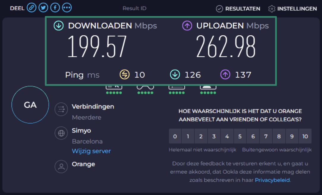 Speedtest.net internet speed results page.