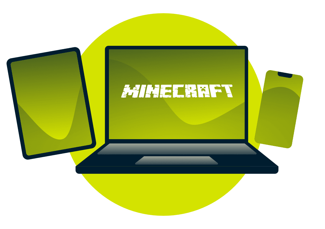 Uma variedade de dispositivos com o logotipo do Minecraft.