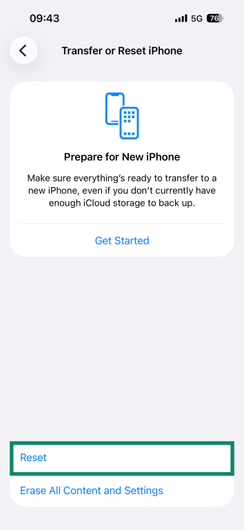 The "Reset" button highlighted at the bottom of the Transfer or Reset iPhone page.