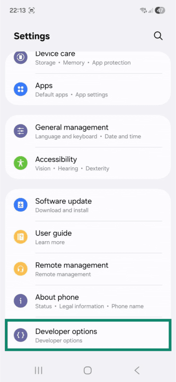 The "Settings" app on an Android phone. The "Developer options" tab is highlighted.