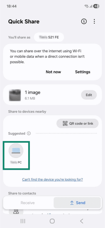 The "Quick Share" sharing options window on an Android phone. The user's PC, located under "Share to devices nearby" is highlighted.